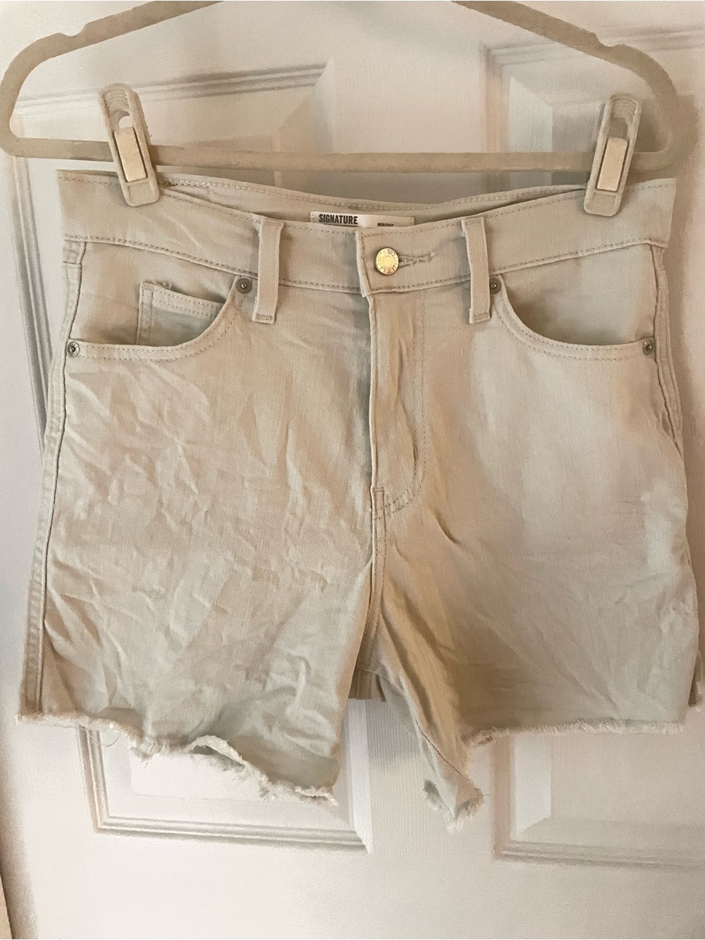 Women's High Rise Cream Denim Cotton Stretch Shorts